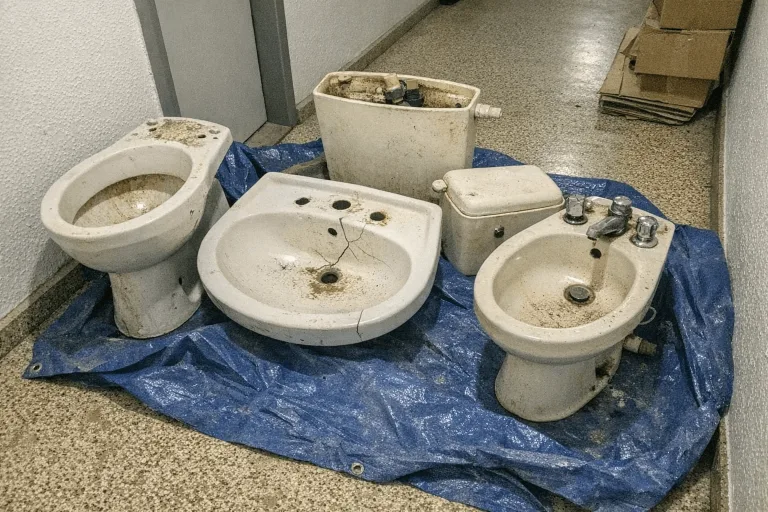 Ausgebautes Waschbecken und WC stehen verpackt im Eingangsbereich zur Mitnahme bereit