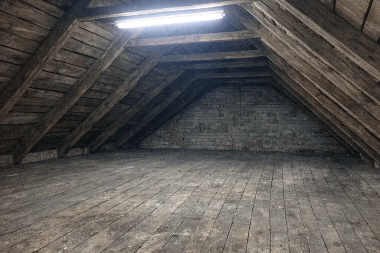 Freigeräumter Dachboden mit sichtbaren Holzbalken und sicher abgestelltem Transportgeschirr neben der Luke