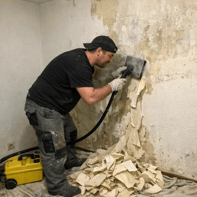 Ein Mitarbeiter löst alte Tapeten von einer Innenwand mit Spachteltechnik