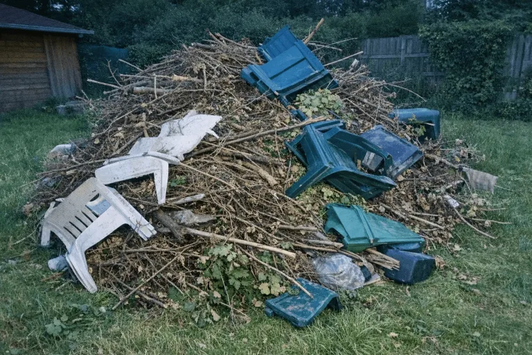 Zusammengetragene Äste, alte Pflanzkübel und Gartenabfälle auf einer Einfahrt