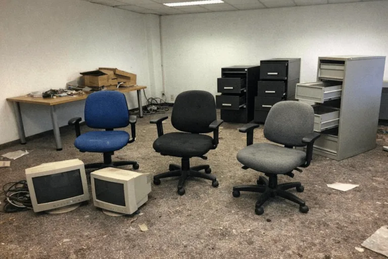 Geräumtes Büro mit ausgebauten Schreibtischen und gestapelten Rollcontainern