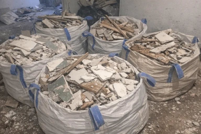 Säcke mit Bauschutt und ausgebauten Holzleisten stehen sortiert auf einer Baustelle