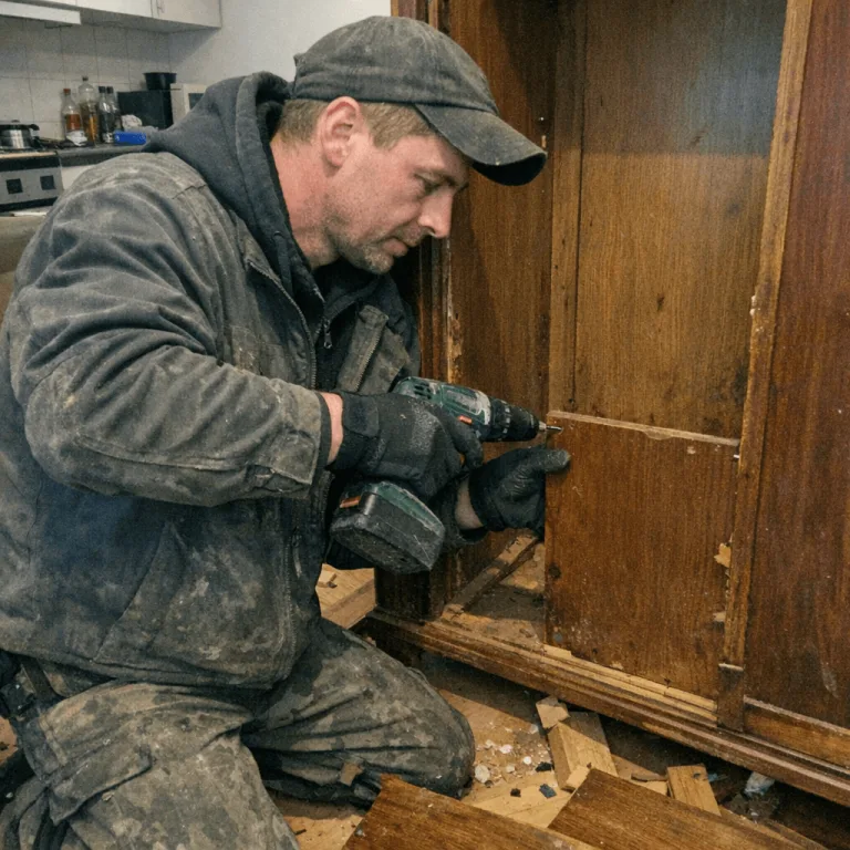Demontierte Schrankteile werden ordentlich im Objekt abgelegt, während ein Mitarbeiter die nächsten Schritte vorbereitet
